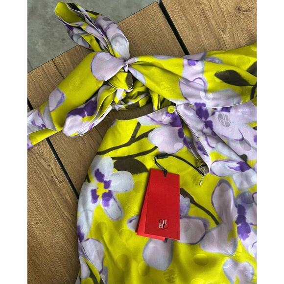 Carolina Herrera Silk Mini Dress M Feathers Long Sleeve Green Floral Neck Tie - Picture 9 of 10